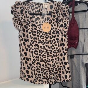 BiBi Animal Print Ruffle Sleeve Blouse